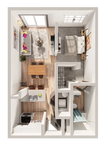 Charming studio apartment layout with open-concept living and sleeping area, modern kitchen, and cozy bathroom. Stylish wood flooring and natural lighting enhance the inviting atmosphere.
