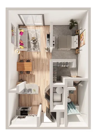 Charming studio apartment layout with open-concept living and sleeping area, modern kitchen, and cozy bathroom. Stylish wood flooring and natural lighting enhance the inviting atmosphere.