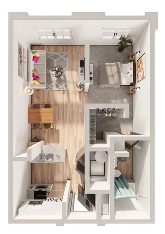 Charming studio apartment layout with open-concept living and sleeping area, modern kitchen, and cozy bathroom. Stylish wood flooring and natural lighting enhance the inviting atmosphere.