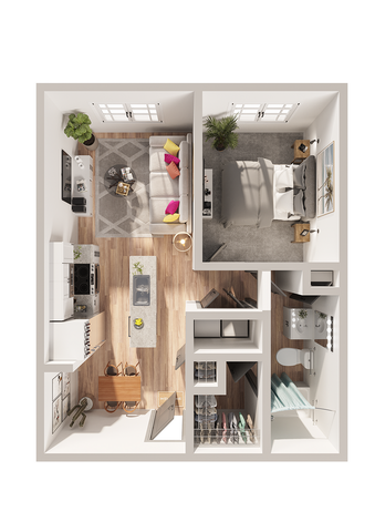 Modern 1-bedroom apartment floor plan featuring a cozy living area, stylish kitchen with island, and elegant bathroom design.