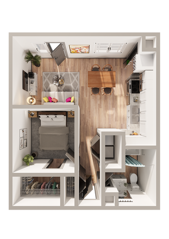 Modern 1-bedroom apartment floor plan featuring a cozy living area, stylish kitchen with island, and elegant bathroom design.
