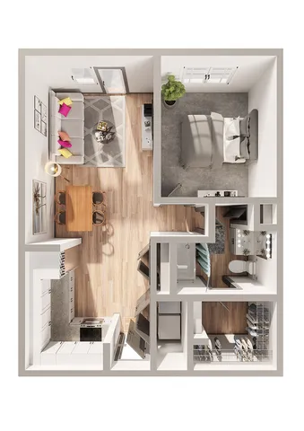 Modern 1-bedroom apartment floor plan featuring a cozy living area, stylish kitchen with island, and elegant bathroom design.