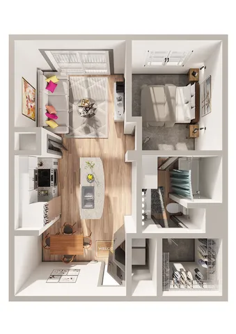 Modern 1-bedroom apartment floor plan featuring a cozy living area, stylish kitchen with island, and elegant bathroom design.