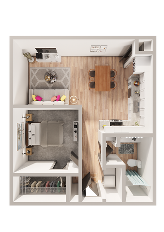 Modern 1-bedroom apartment floor plan featuring a cozy living area, stylish kitchen with island, and elegant bathroom design.