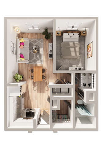 Modern 1-bedroom apartment floor plan featuring a cozy living area, stylish kitchen with island, and elegant bathroom design.