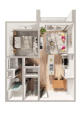 Modern 1-bedroom apartment floor plan featuring a cozy living area, stylish kitchen with island, and elegant bathroom design.