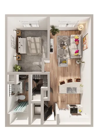 Modern 1-bedroom apartment floor plan featuring a cozy living area, stylish kitchen with island, and elegant bathroom design.