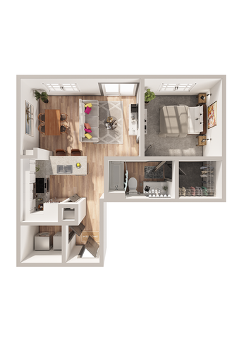 Modern 1-bedroom apartment floor plan featuring a cozy living area, stylish kitchen with island, and elegant bathroom design.