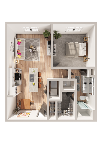 Modern 1-bedroom apartment floor plan featuring a cozy living area, stylish kitchen with island, and elegant bathroom design.