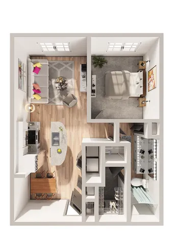 Modern 1-bedroom apartment floor plan featuring a cozy living area, stylish kitchen with island, and elegant bathroom design.