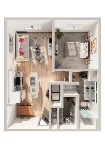 Modern 1-bedroom apartment floor plan featuring a cozy living area, stylish kitchen with island, and elegant bathroom design.