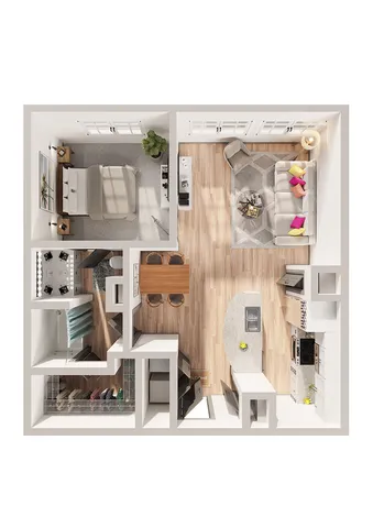Modern 1-bedroom apartment floor plan featuring a cozy living area, stylish kitchen with island, and elegant bathroom design.
