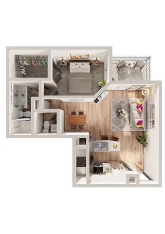 Modern 1-bedroom apartment floor plan featuring a cozy living area, stylish kitchen with island, and elegant bathroom design.