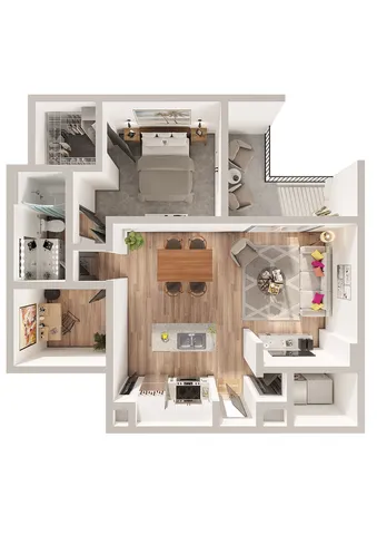 Modern 1-bedroom apartment floor plan featuring a cozy living area, stylish kitchen with island, and attached garage.