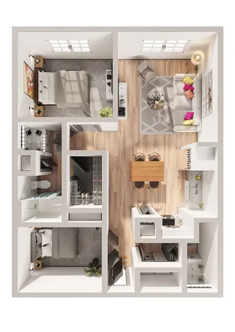 Modern 1-bedroom apartment floor plan featuring a cozy living area, stylish kitchen with island.