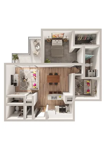 Modern 1-bedroom apartment floor plan featuring a cozy living area, stylish kitchen with island