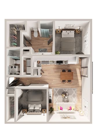Modern 2-bedroom apartment floor plan featuring a spacious living area, sleek kitchen with dining space, and two elegant bathrooms.