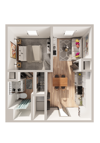 Modern 1-bedroom apartment floor plan with a cozy living area, modern kitchen, and stylish bathroom layout.