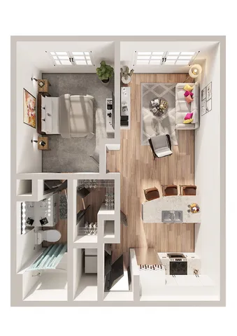 Modern 1-bedroom apartment floor plan with a cozy living area, modern kitchen, and stylish bathroom layout.