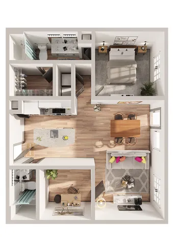 Modern 1-bedroom apartment floor plan featuring a cozy living area, stylish kitchen with island.