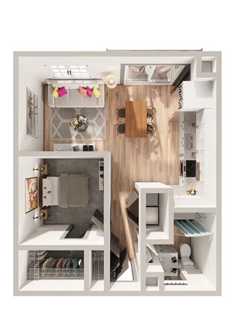Modern 1-bedroom apartment floor plan featuring a cozy living area, stylish kitchen with island, and elegant bathroom design.