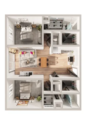 Modern 2-bedroom apartment floor plan featuring a spacious living area, sleek kitchen with dining space, and two elegant bathrooms.