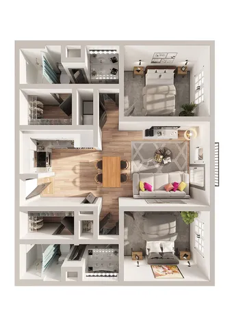 Modern 2-bedroom apartment floor plan featuring a spacious living area, sleek kitchen with dining space, and two elegant bathrooms.