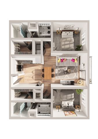 Modern 2-bedroom apartment floor plan featuring a spacious living area, sleek kitchen with dining space, and two elegant bathrooms.