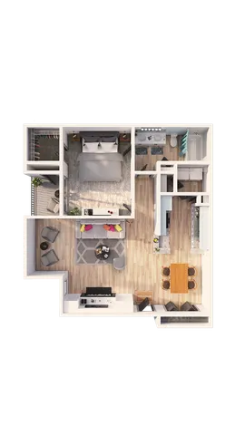 Modern and inviting 1-bedroom apartment floor plan featuring a cozy living area, sleek kitchen, spacious bathroom, and sunroom.