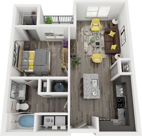 Contemporary 3D floor plan showcasing an elegant 1-bedroom apartment with a chic open-concept living area, modern kitchen, and stylish bathroom.