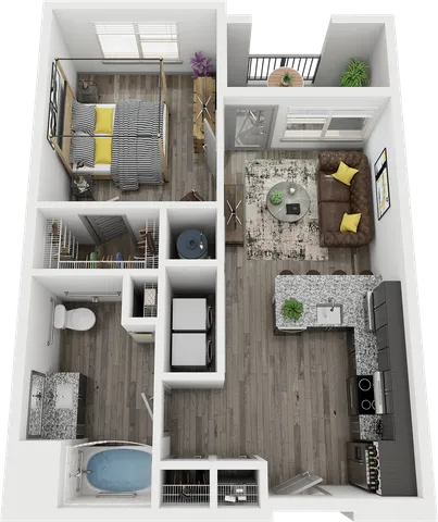 Modern one-bedroom apartment floor plan with open-concept living room and kitchen, featuring elegant furnishings and ample natural light.