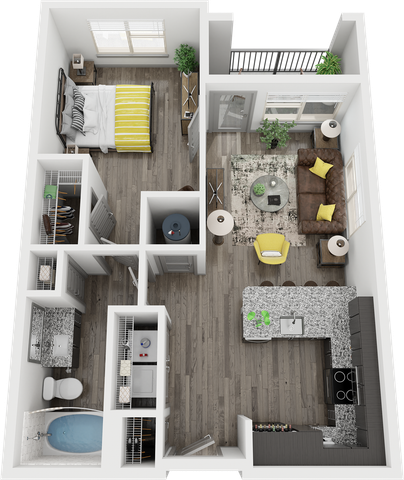 Modern 1-bedroom apartment floor plan featuring an open-concept kitchen and living area, cozy bedroom, and stylish bathroom with hardwood flooring and chic decor.