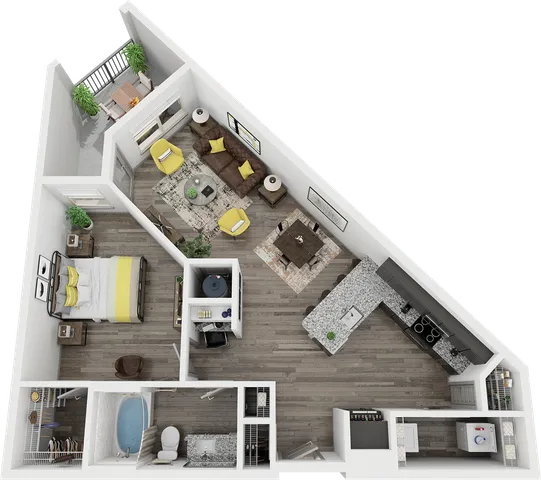 Modern apartment floor plan showcasing a single bedroom, stylish open-concept living area, and sleek kitchen. Features include hardwood floors, private balcony with outdoor seating, and spacious bathroom.