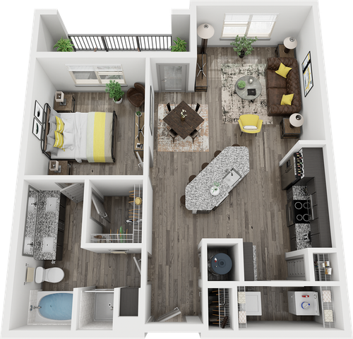 Modern one-bedroom apartment floor plan featuring an open-concept living area, sleek kitchen with an island, cozy dining space, and a luxurious bathroom.