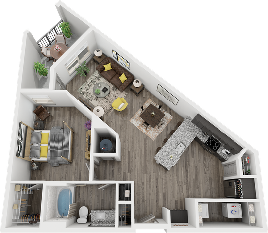 Modern 3D floor plan showcasing a one-bedroom apartment with an open-concept living room, sleek kitchen, and elegant balcony, ideal for contemporary living.