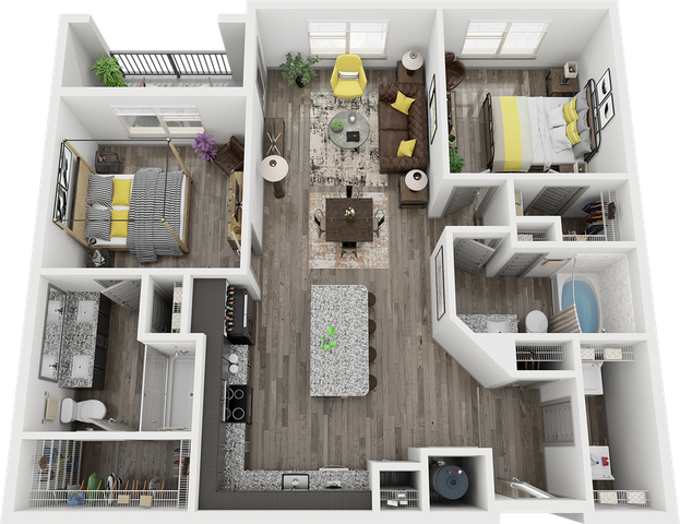 Modern 3D floor plan showcasing 2 bedrooms with stylish decor, a cozy living room, an elegant dining area, and a contemporary kitchen. The design highlights open spaces and natural light, perfect for comfortable living.