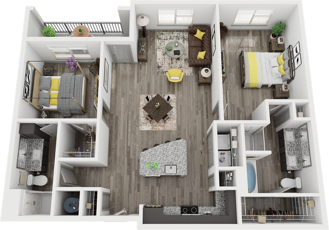 Modern 3D floor plan featuring two stylish bedrooms, a spacious open-concept living area, and a sleek kitchen island with contemporary finishes.