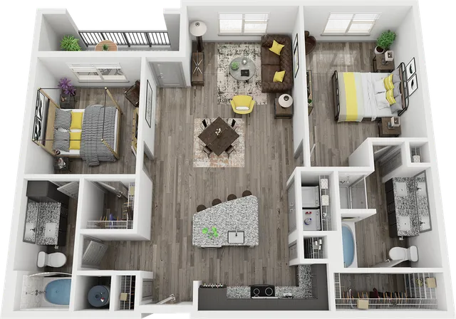 Elegant 3D floor plan showcasing a modern apartment with two bedrooms, stylish living room, and open-concept kitchen with island seating.
