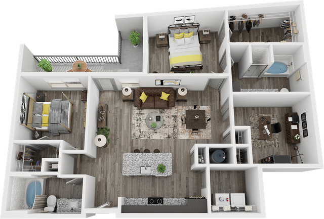 Modern apartment floor plan showcasing 2 bedrooms, open living area, and stylish kitchen with island, featuring a cozy balcony and elegant home office space.
