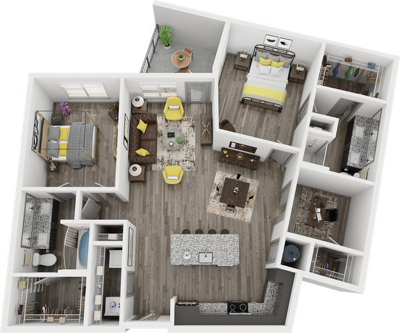 Modern 3D floor plan showcasing 2 bedrooms, a cozy living room with stylish decor, a sleek kitchen with a large island, and a private balcony, perfect for contemporary living.