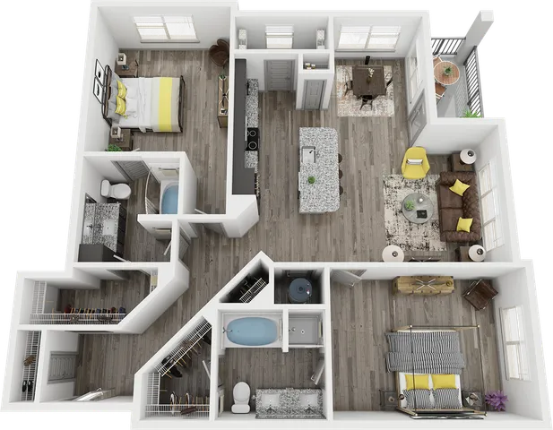 Modern 3D apartment floor plan showcasing two spacious bedrooms, an open-plan living area, and a stylish kitchen with an island, perfect for comfortable living.