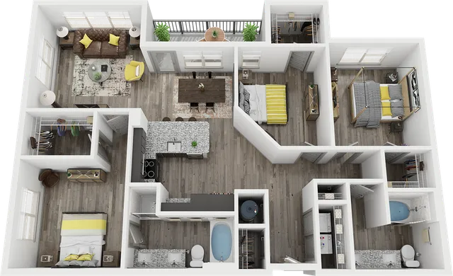 Elegant 3D floor plan showcasing 3 bedrooms, stylish living room, modern kitchen, and two spacious bathrooms with contemporary design.