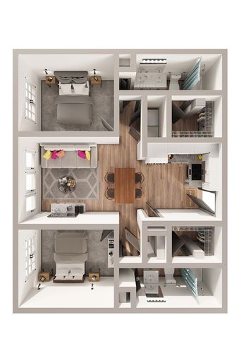 Modern 2D floor plan featuring two cozy bedrooms, an open living area, sleek kitchen, and contemporary bathroom, designed for comfort and style.