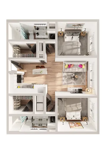 Chic apartment floor plan featuring two bedrooms, modern open-concept living area, and a stylish kitchen with an island countertop.