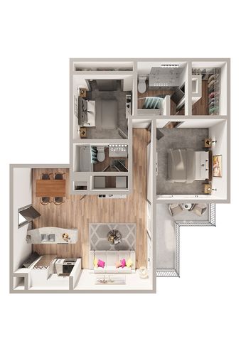 Modern 2-bedroom apartment floor plan with open-plan kitchen and cozy living room, featuring stylish hardwood floors and spacious balcony.