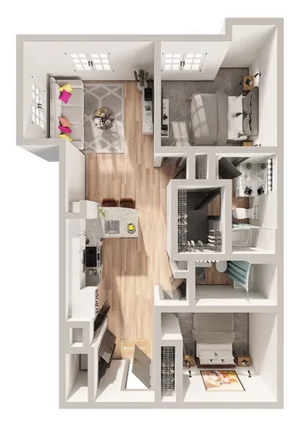 Modern 3D floor plan showcasing an open-concept living area, two cozy bedrooms, a stylish kitchen with island, and two bathrooms.