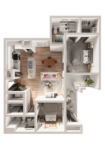 Modern floor plan showcasing 2 bedrooms, a spacious open-concept kitchen and living area, with sleek wood flooring and stylish decor.