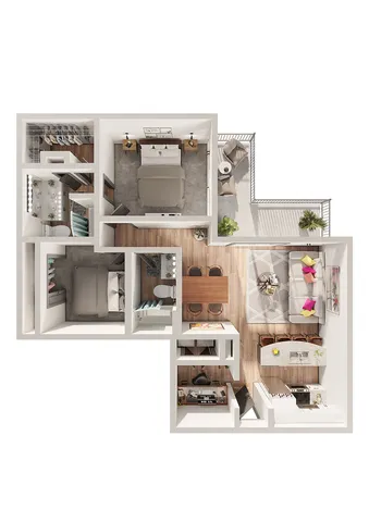 Modern 3D floor plan showcasing two spacious bedrooms, a cozy living area, stylish kitchen, and a charming balcony perfect for relaxation.
