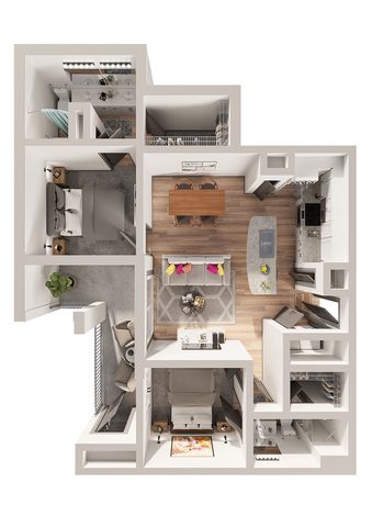 Modern floor plan showcasing two spacious bedrooms, a sleek kitchen with island, and an inviting living-dining area with contemporary decor.