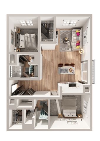 Chic 2D apartment floor plan with two cozy bedrooms, an inviting open-concept living area, and a modern kitchen featuring sleek finishes.